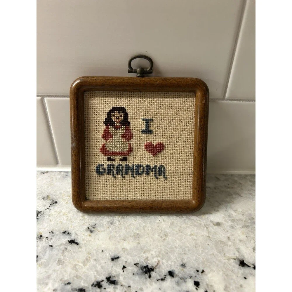 Vintage Needlepoint Tapestry I Love Grandma Cottage Core 4”x4” Ornament Brown